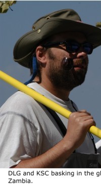 Daniel Graf and Kevin Cummings basking in the glow of a successful morning collecting on Lake Bangweulu in Zambia.