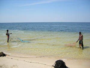 Two local fishermen put out a seine to try and capture freshwater mussels from deeper waters.